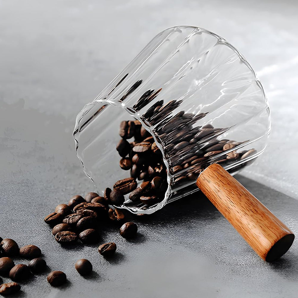 180ml Ribbed Glass Espresso Measuring Cup with Engineered Wood Handle