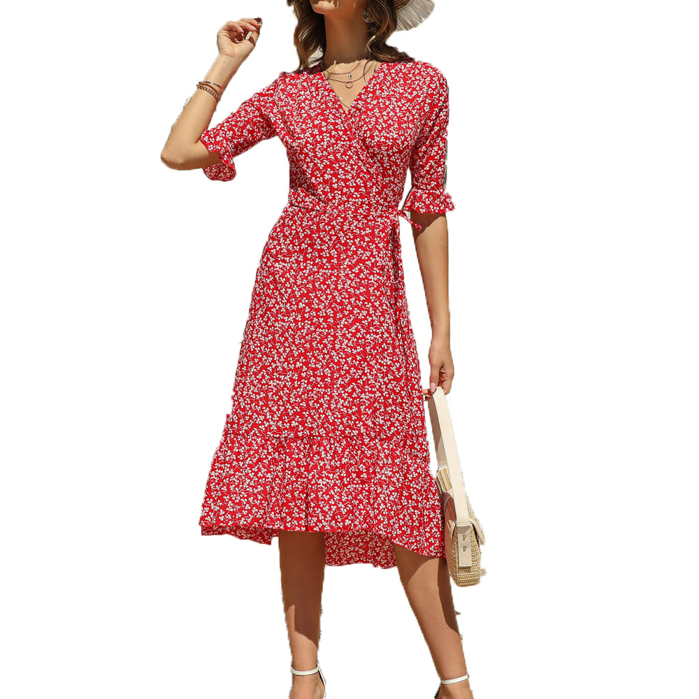 Women's Boho Summer Wrap V Neck Side Split Short Sleeves Dress with Belt