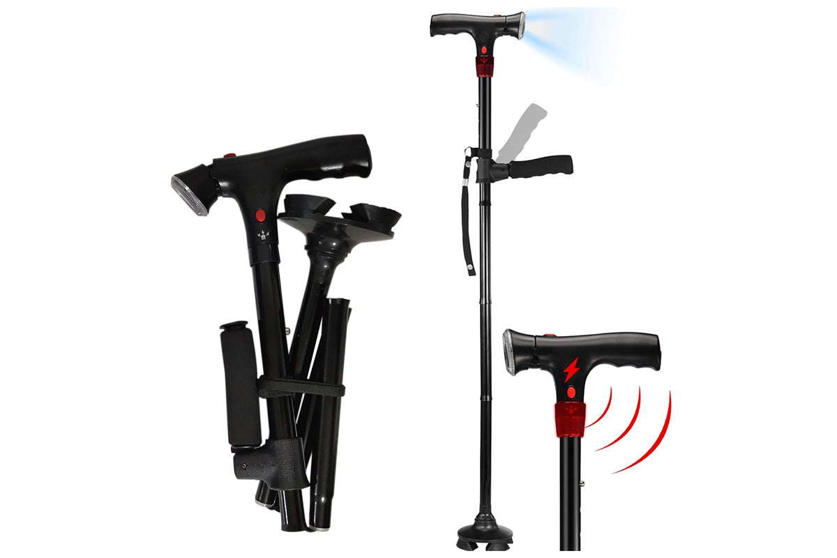 Walking Cane with LED Light Alarm Adjustable Dual Handles for Seniors and Adults