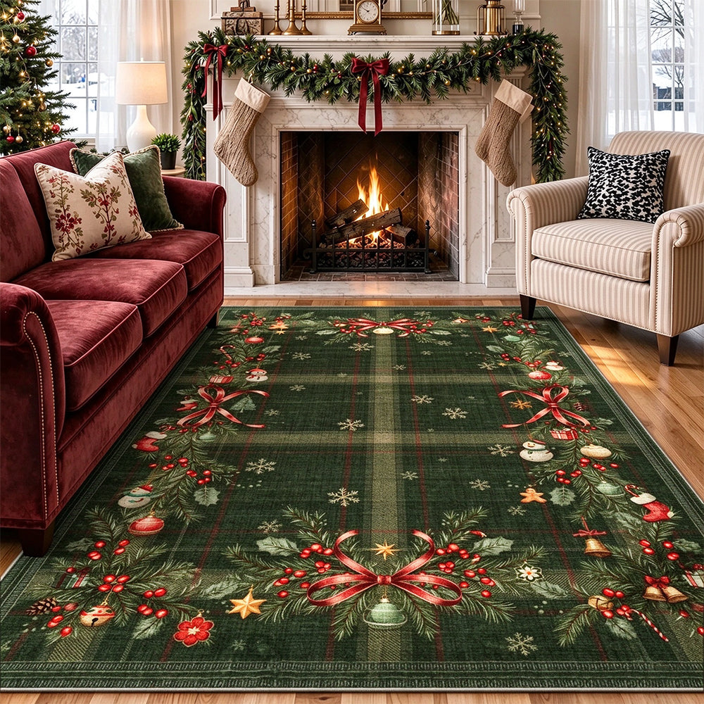 Christmas Polyester Crystal Velvet Floor Mat with TPR Non Slip Back-Green