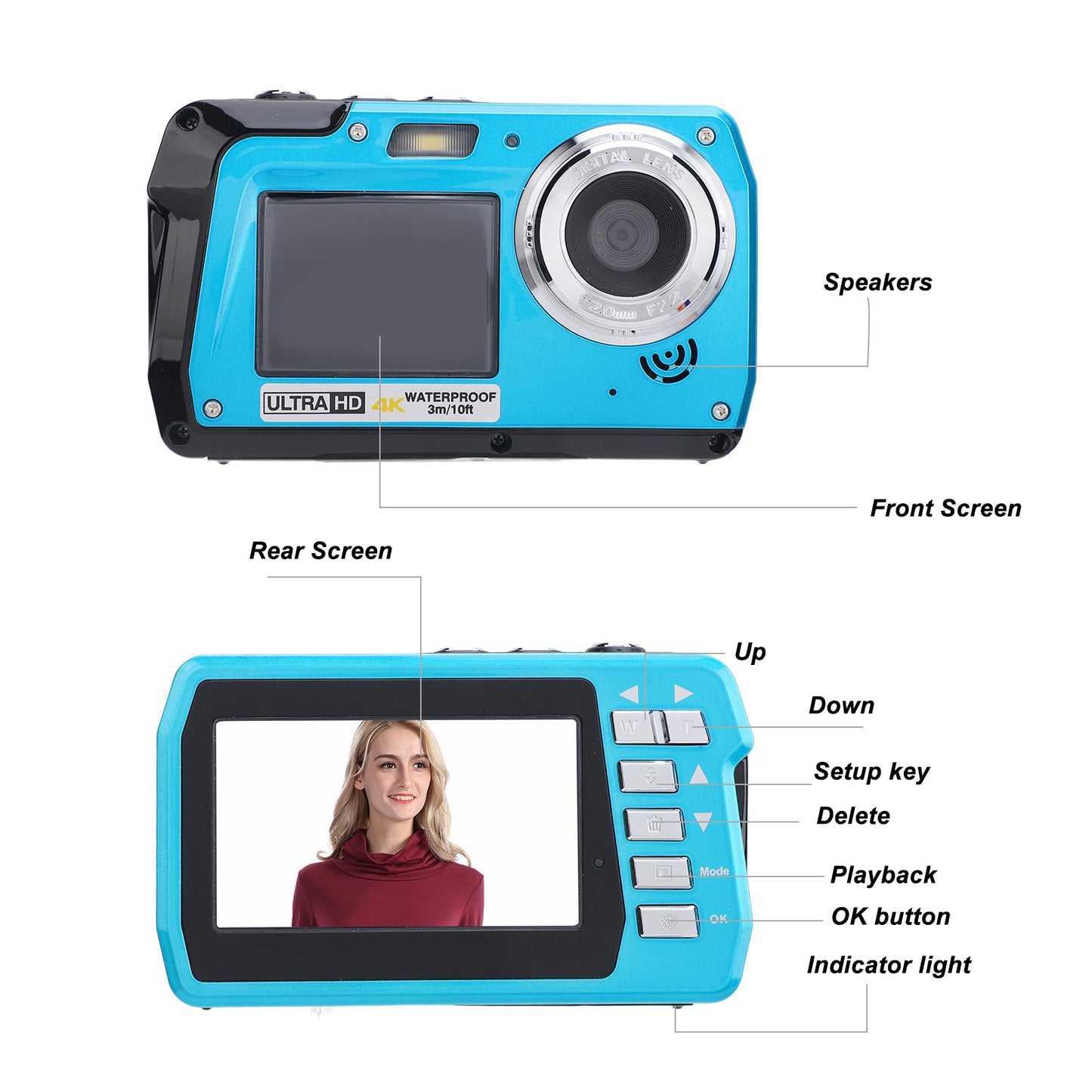 Underwater Camera 4K 56MP 16X Zoom Dual Screens 1700mAh Waterproof Digital Camera