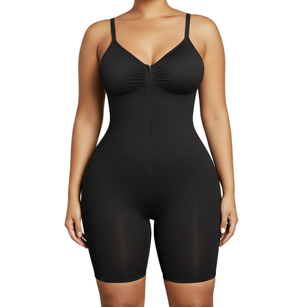 Seamless Shaping Bodysuit with Front Zipper Hook and Adjustable Straps-Black