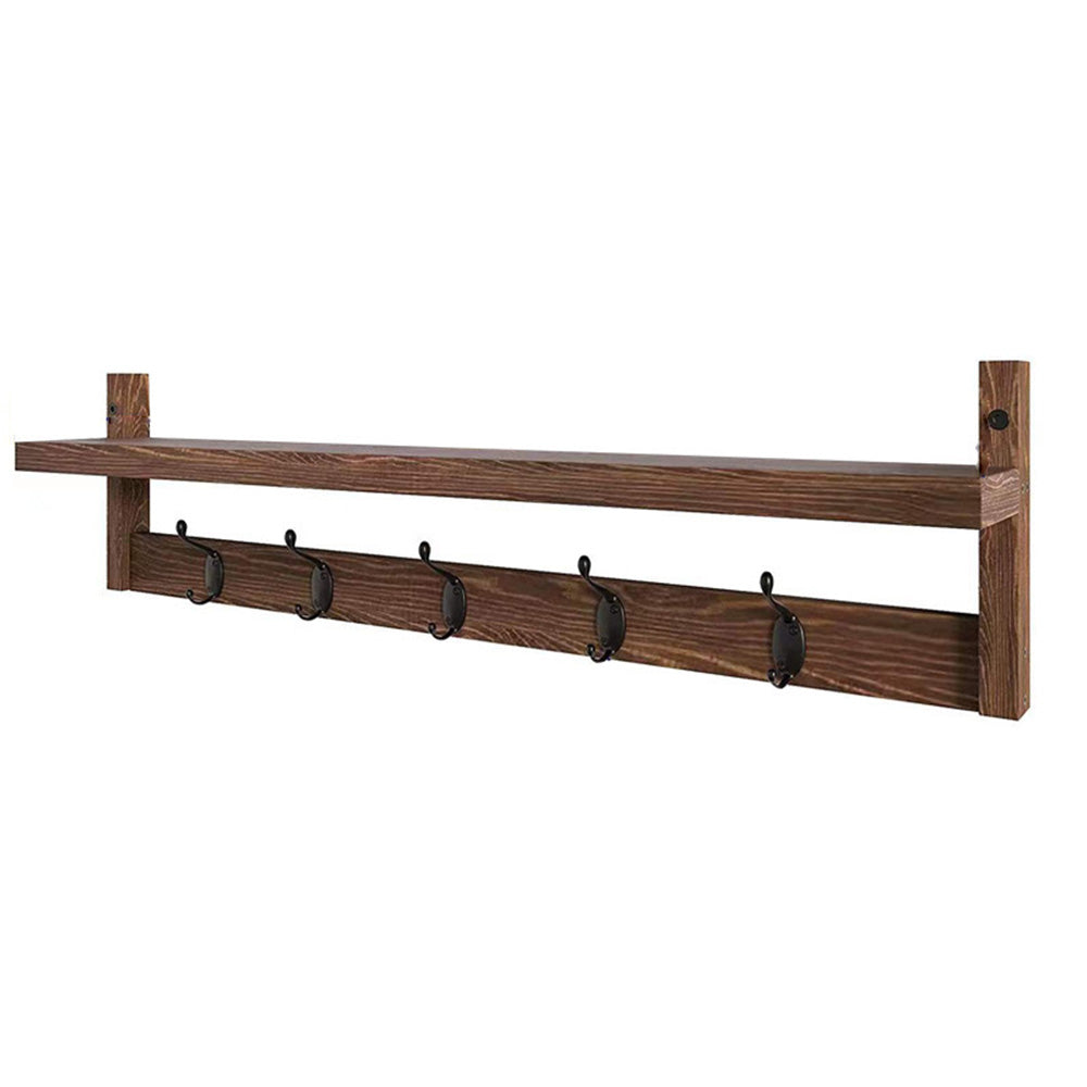 Wooden Coat Rack Wall Mount with Shelf 5 Hooks for Hanging Clothes