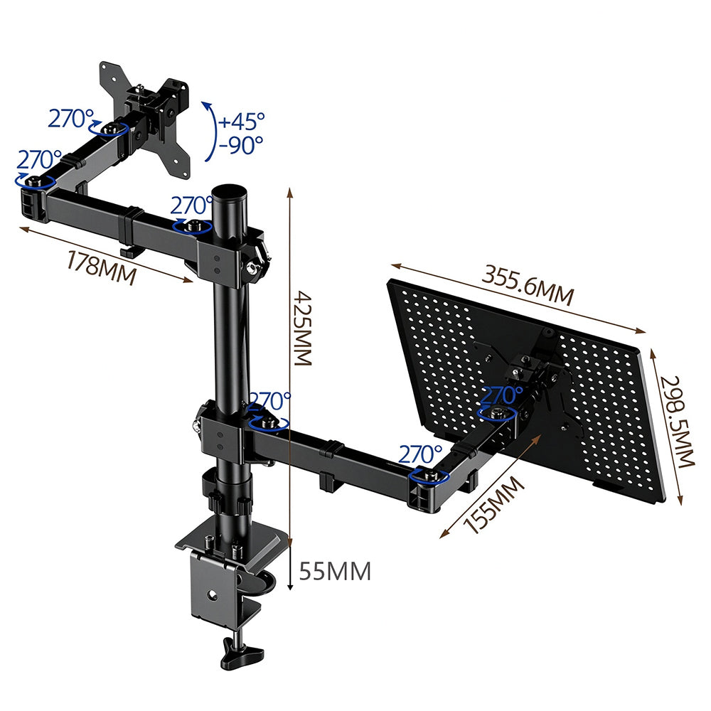 Dual Screen Laptop and Monitor Stand with Adjustable Independent Arms