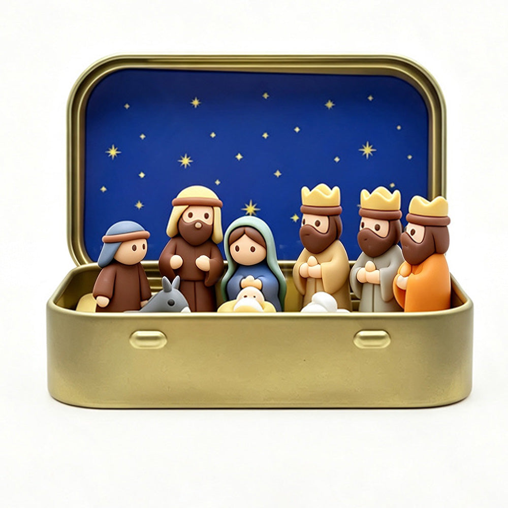 9 Pcs Nativity Scene Mini Figurines with Metal Storage Display Box