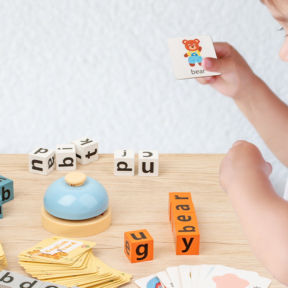 Wooden English Spelling Game with Word Battle Cards and Bell