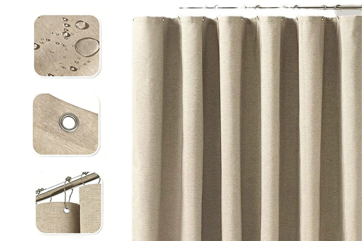Water Resistant Linen Texture Shower Curtain with Hooks Faux Linen Shower Curtain