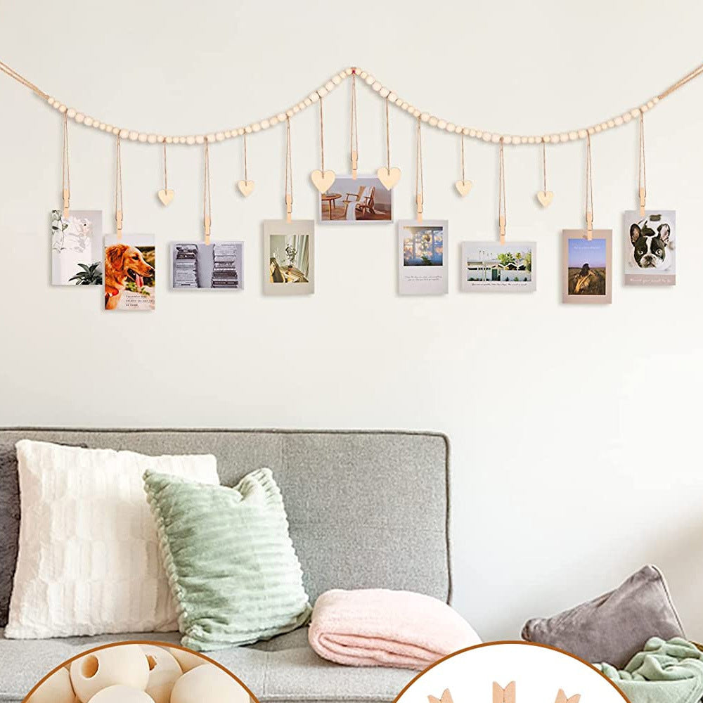 Wall Hanging Photo Display Wooden Beads Garland Photo Holders with 9 Wood Clips