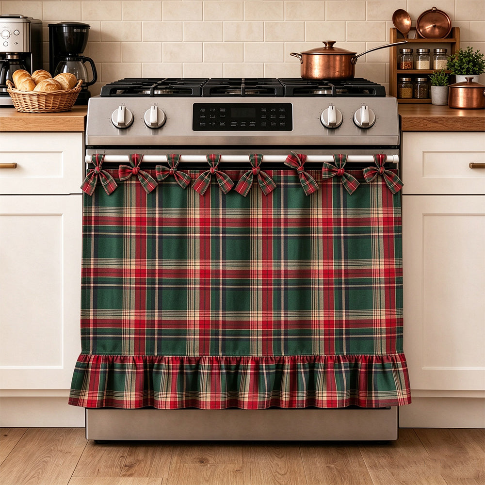 Polyester Cotton Plaid Oven Cover Curtain with Ties for Kitchen