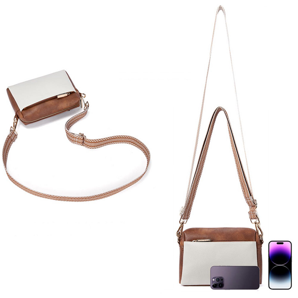 Womens Crossbody Bag with Triple Zipper - PU Leather Shoulder Bag with Adjustable Guitar Strap