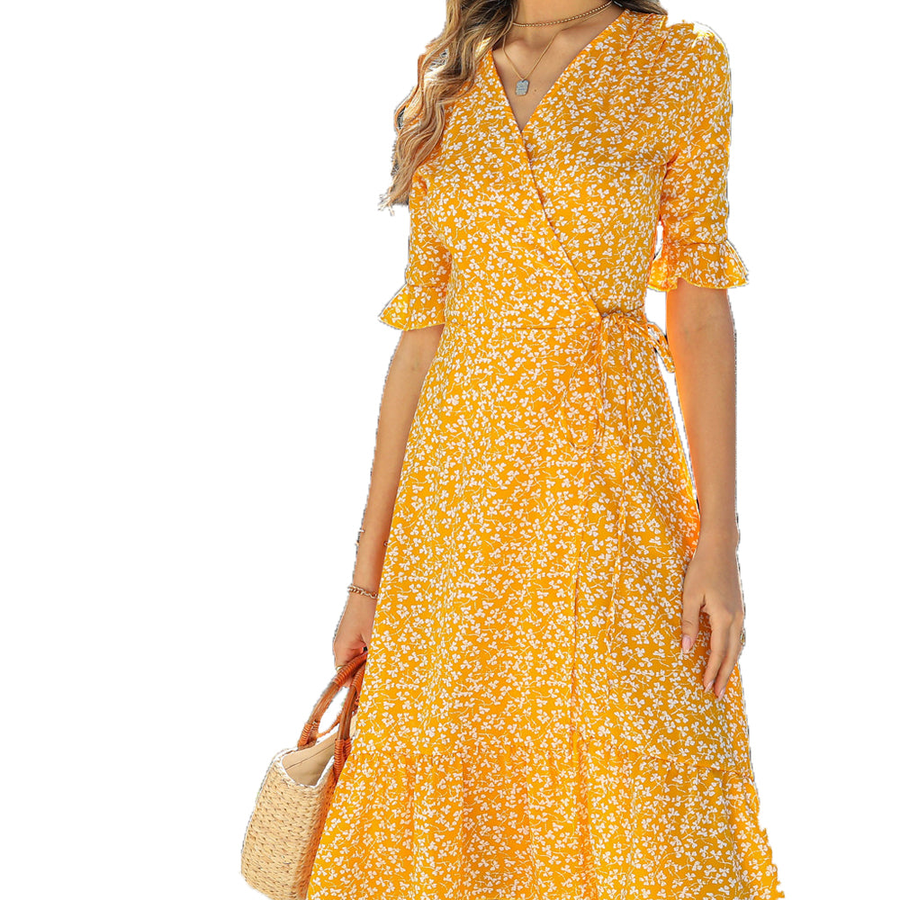 Women's Boho Summer Wrap V Neck Side Split Short Sleeves Dress with Belt