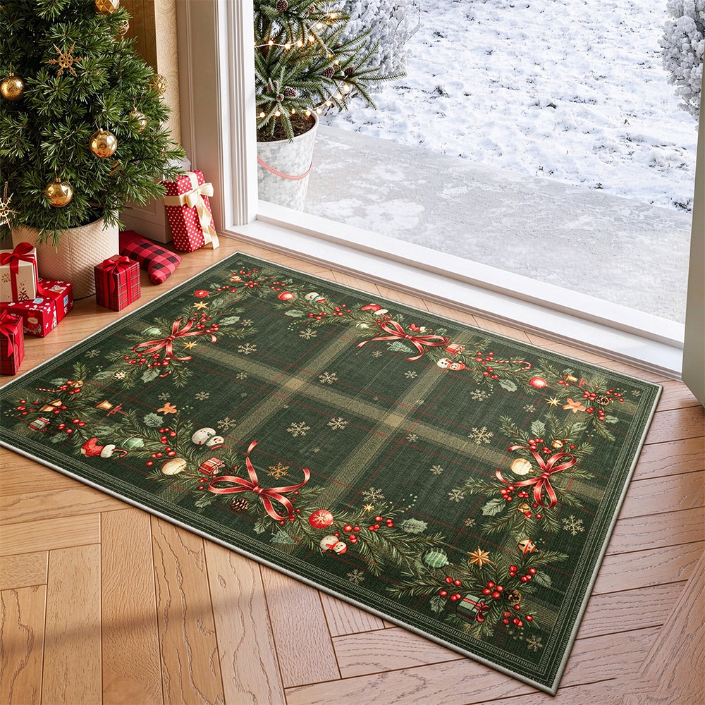 Christmas Polyester Crystal Velvet Floor Mat with TPR Non Slip Back-Green