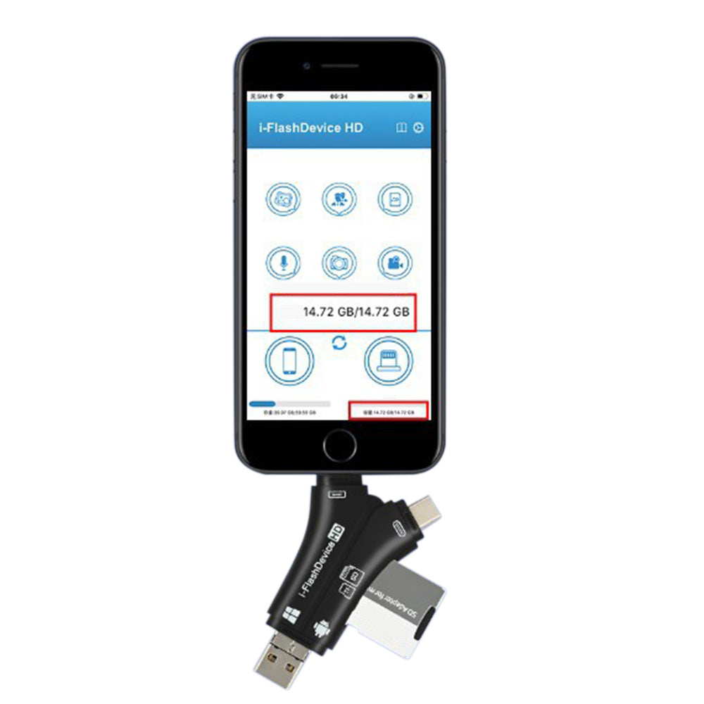 4-in-1 Multi-Interface Memory Card Reader with iPhone Charging Port