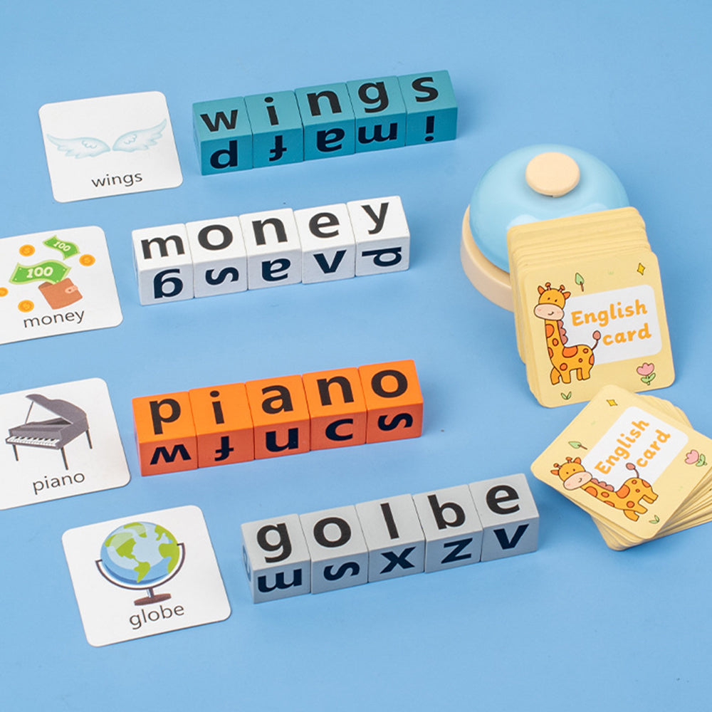 Wooden English Spelling Game with Word Battle Cards and Bell