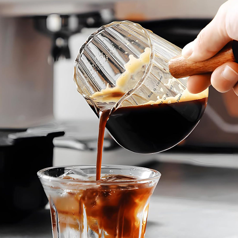 180ml Ribbed Glass Espresso Measuring Cup with Engineered Wood Handle