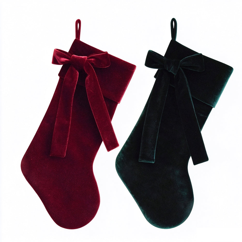 4 Velvet Christmas Stockings with Bows in Red and Green for Fireplace