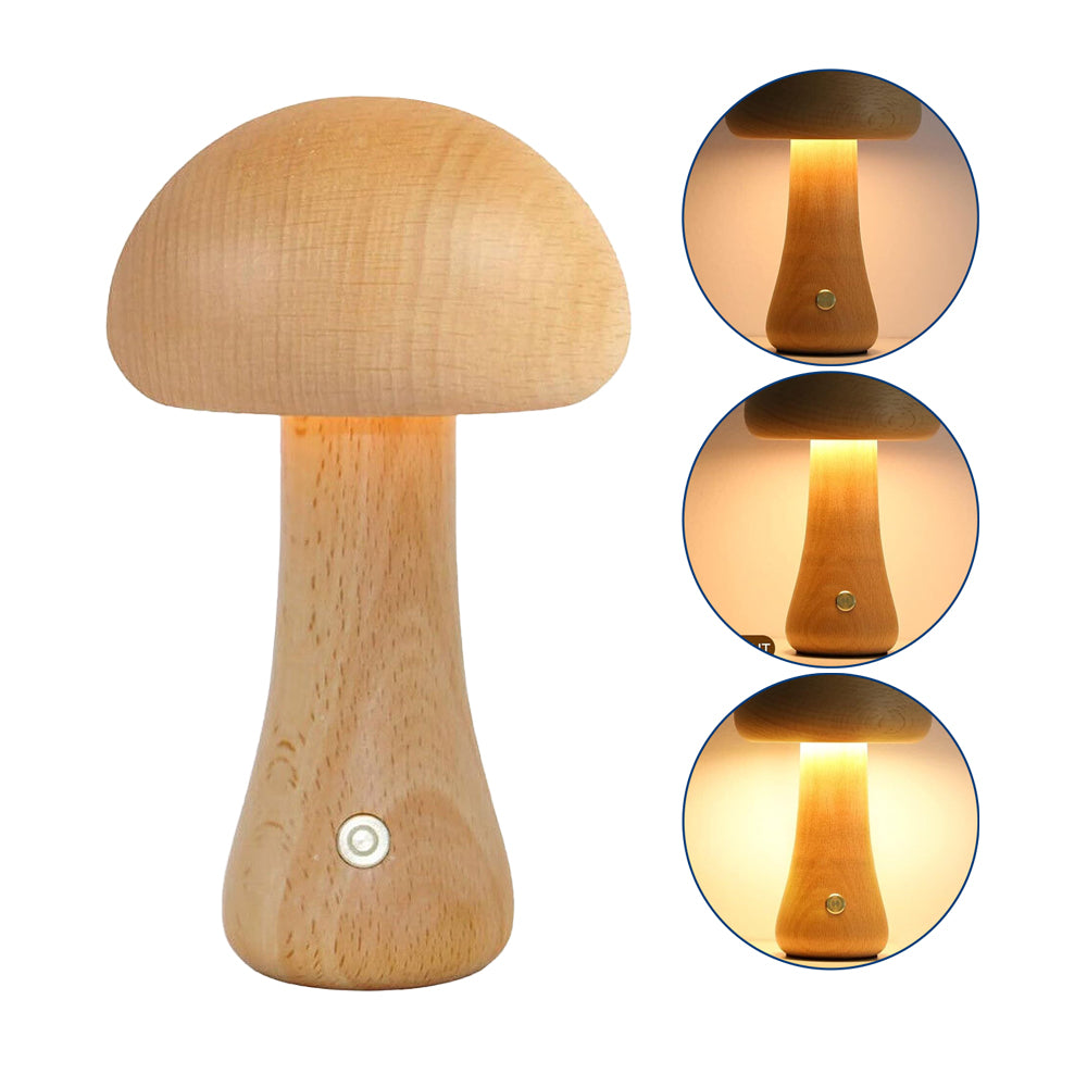 Wooden Mushroom Rechargeable Battery Operated Lamp with Stepless Dimming