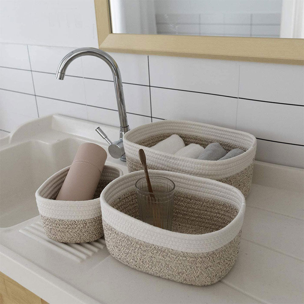 Set of 3 Cotton Woven Storage Baskets Home Organisers