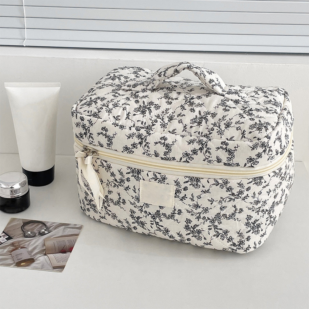 Portable Floral Pattern Cosmetic Bag Makeup and Toiletry Storage Organizer with Handle