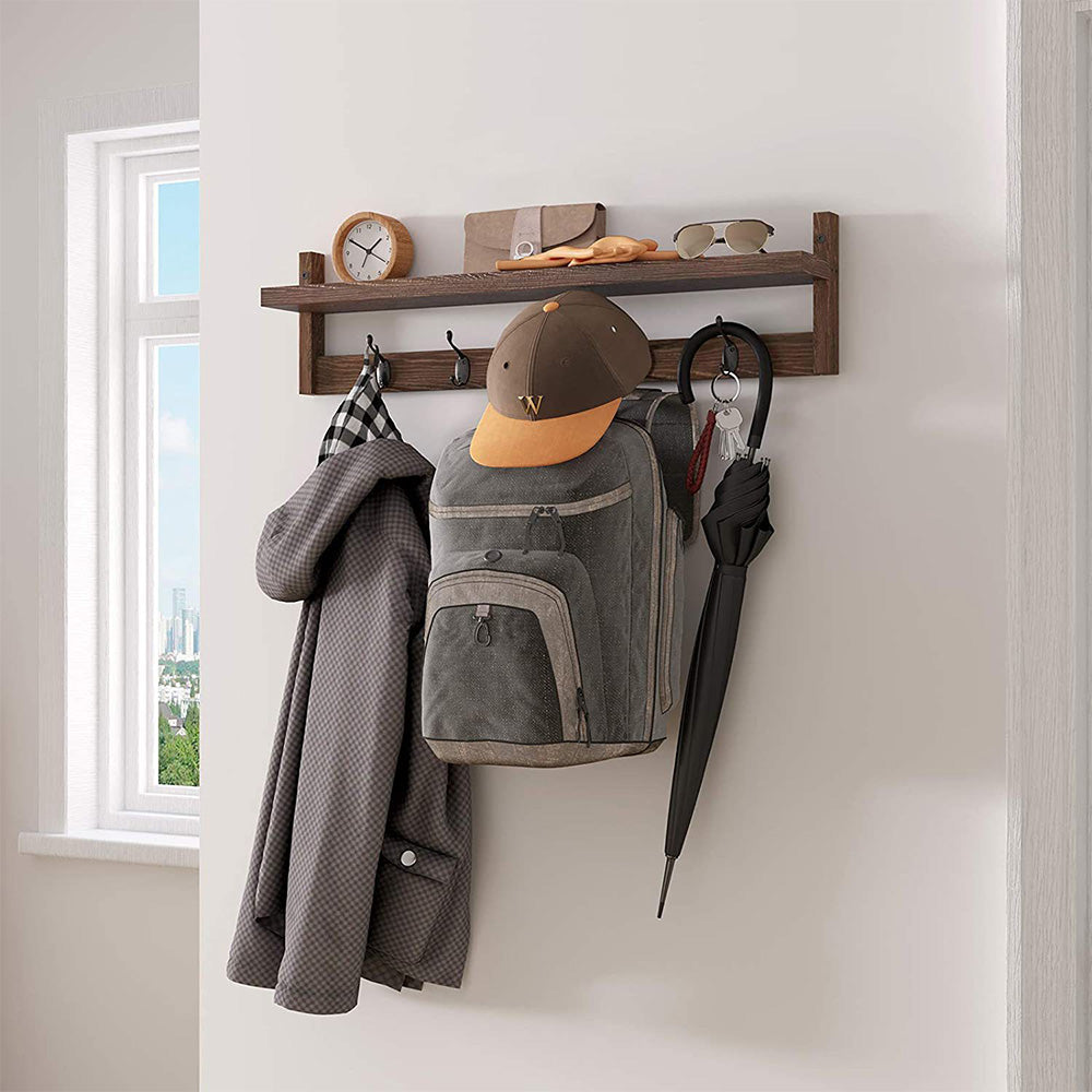 Wooden Coat Rack Wall Mount with Shelf 5 Hooks for Hanging Clothes