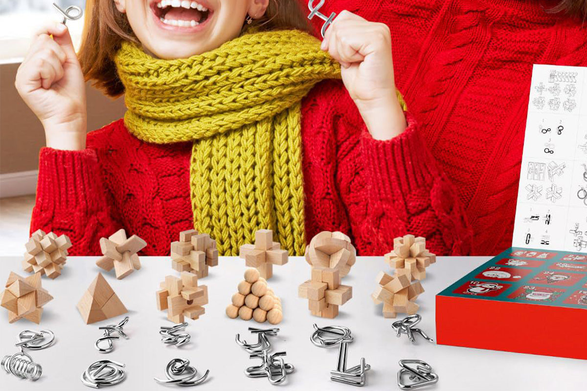 24PCS Brain Teaser Christmas Advent Calendar With 3D Stainless Steel Puzzle And Burr Puzzle