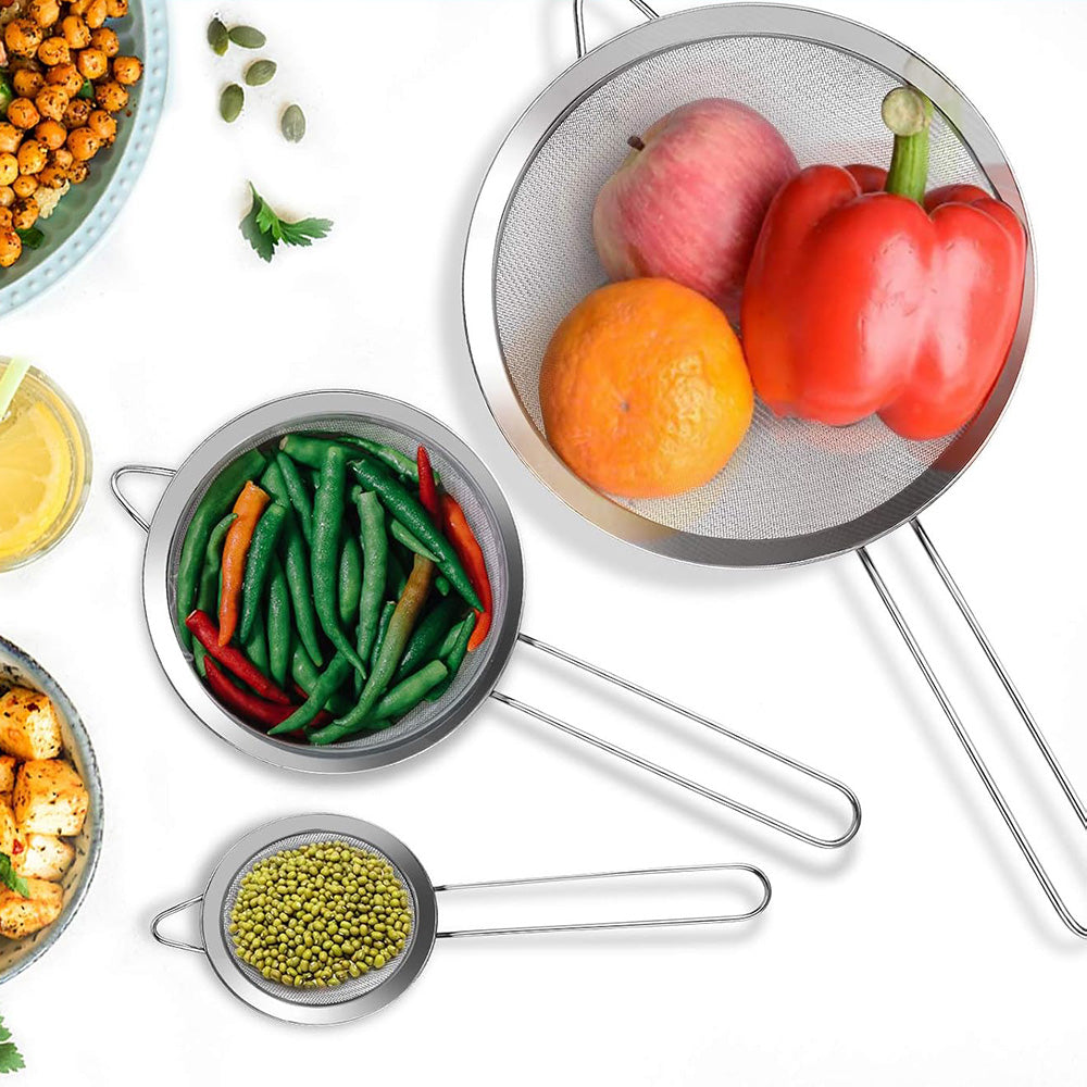 3 Pcs 304 Stainless Steel Fine Mesh Strainer Set with Long Handles