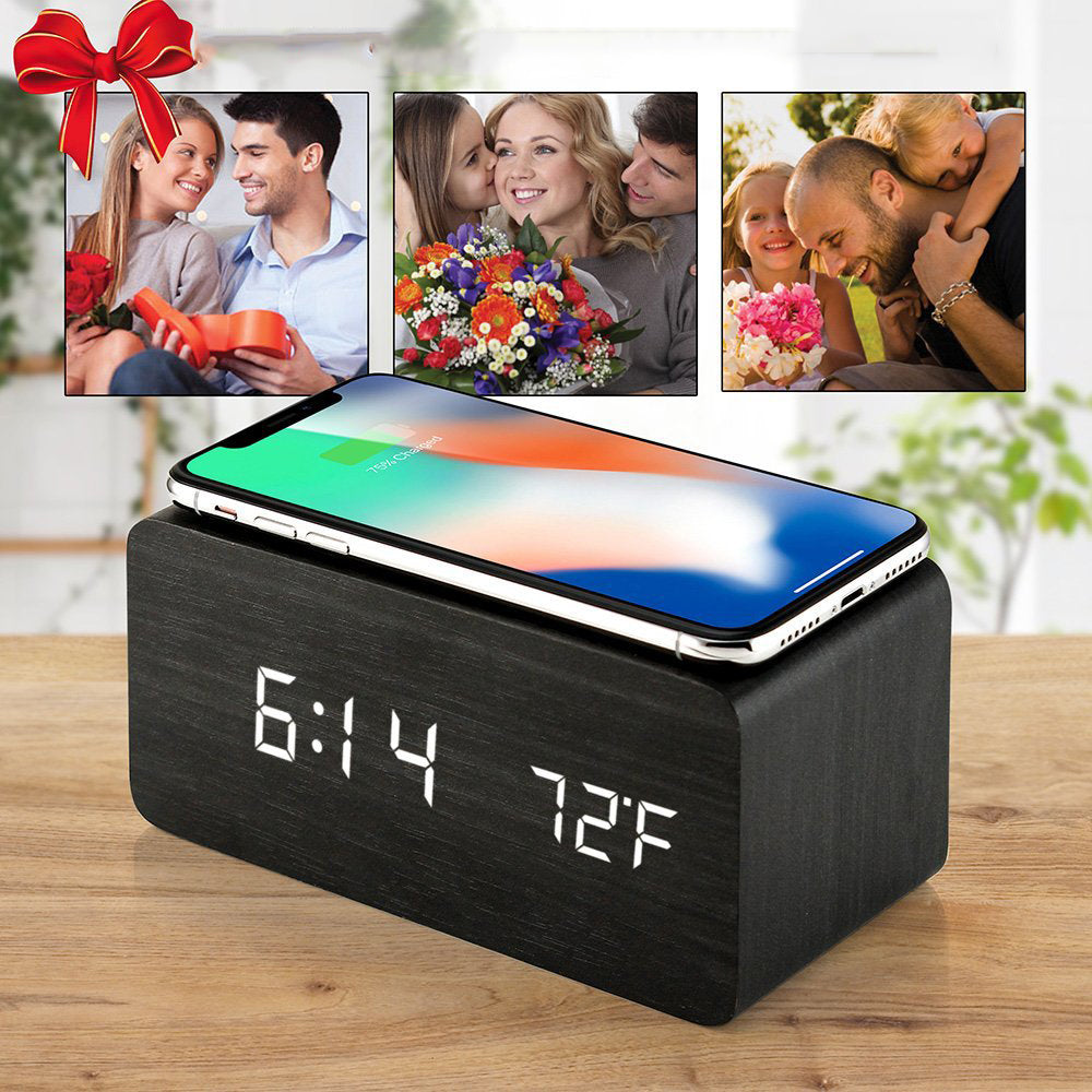 Wooden Digital Alarm Clock with Wireless Charger