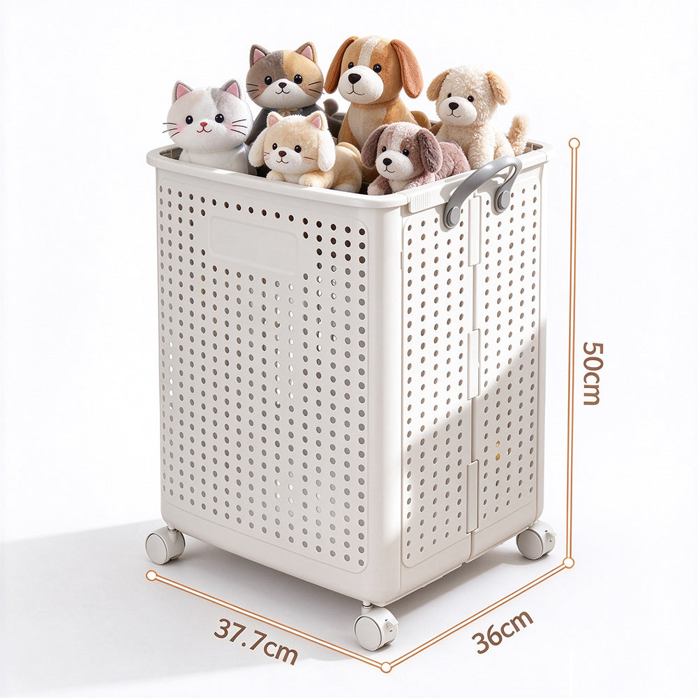 Folding Laundry Basket with Wheel Large Capacity Collapsible Clothes Storage Bin-White