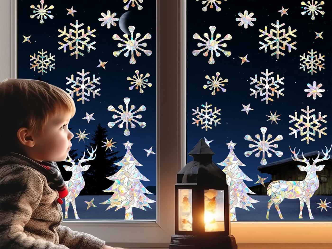 Christmas Snowflake Elk Window Sticker Sun Catcher Glass Window Iridescent Decoration