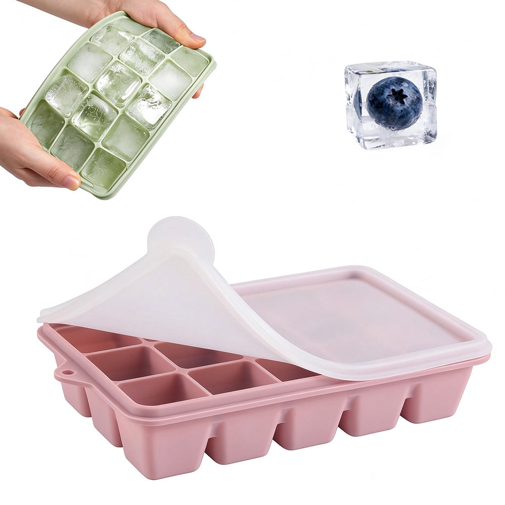 4 Piece Silicone Ice Cube Trays with 15 Cavities Lids and Stackable Design