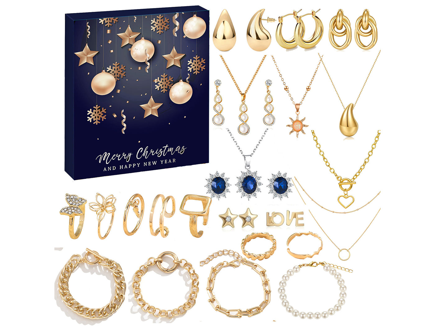 24 Days Countdown Jewelry Christmas Advent Calendar Bracelets Necklaces Earings Kit