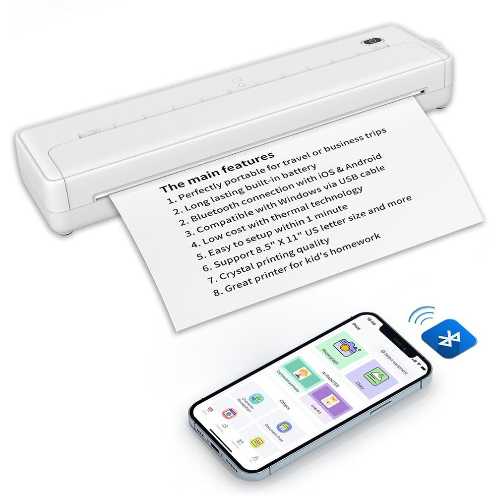 Wireless Bluetooth Portable A4 Thermal Mobile Printer with 100Pcs Thermal Paper