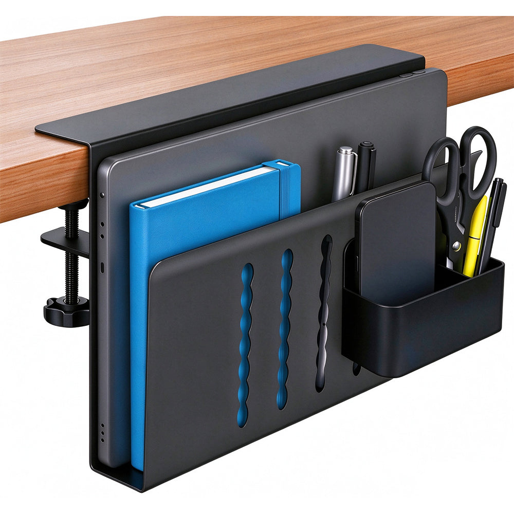 No Drill Dual Slot Carbon Steel Laptop Storage Stand with Pen Holder