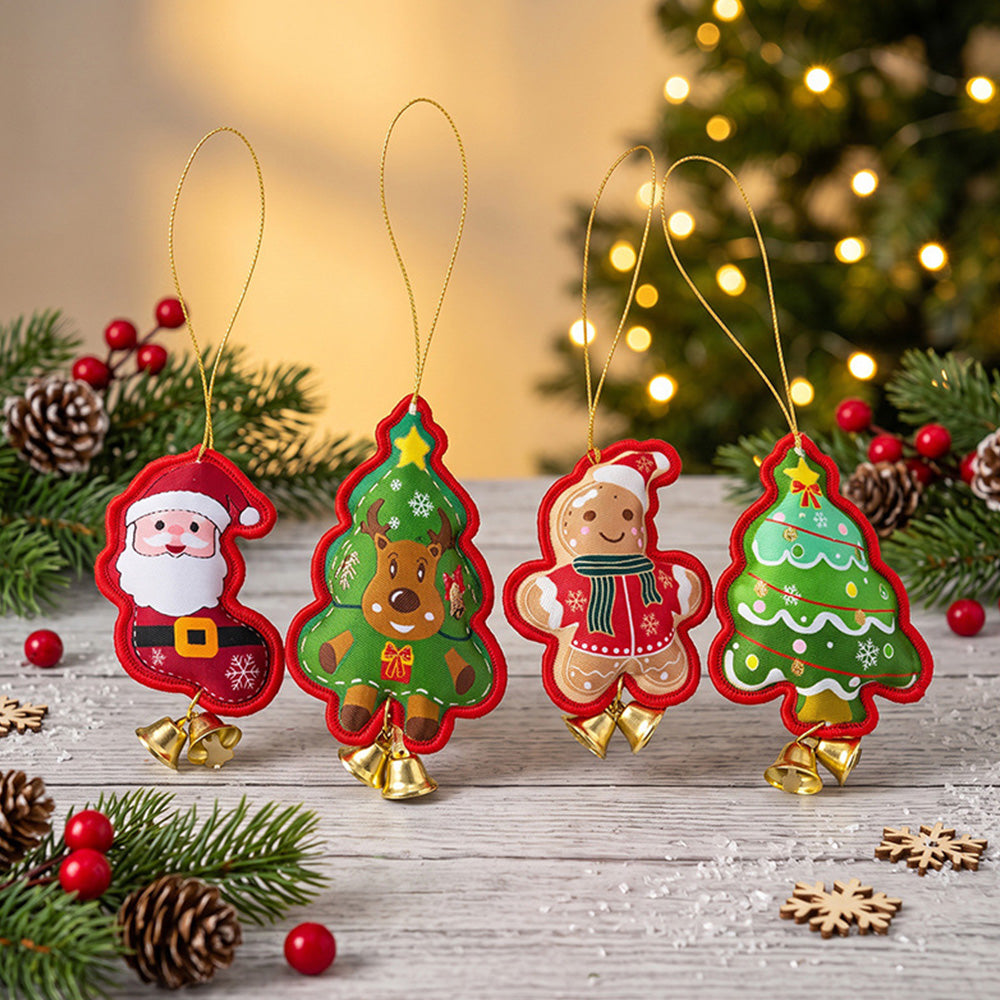 6 PCS Embroidered Padded Christmas Ornaments with Metal Jingle Bells