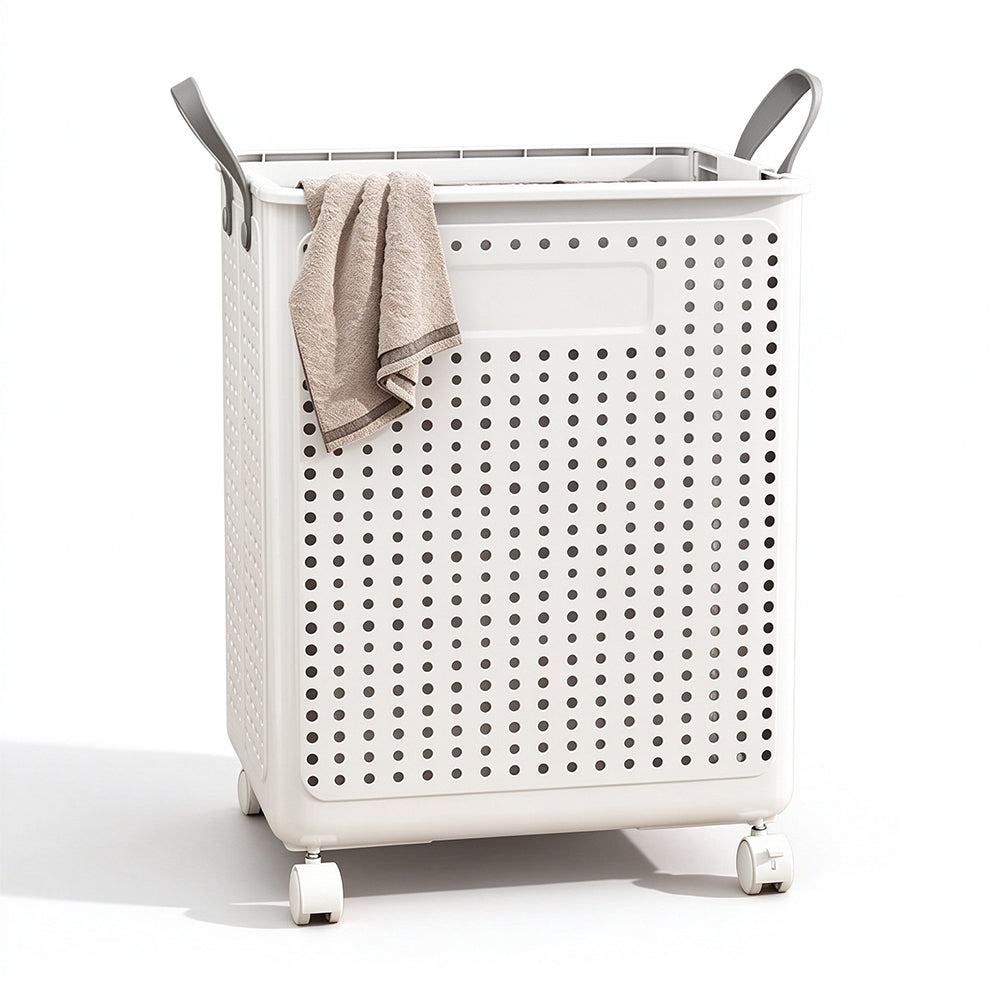 Folding Laundry Basket with Wheel Large Capacity Collapsible Clothes Storage Bin-White
