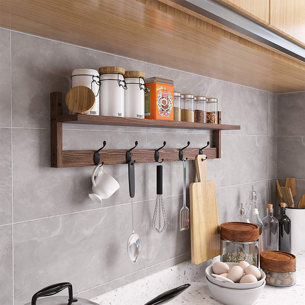 Wooden Coat Rack Wall Mount with Shelf 5 Hooks for Hanging Clothes