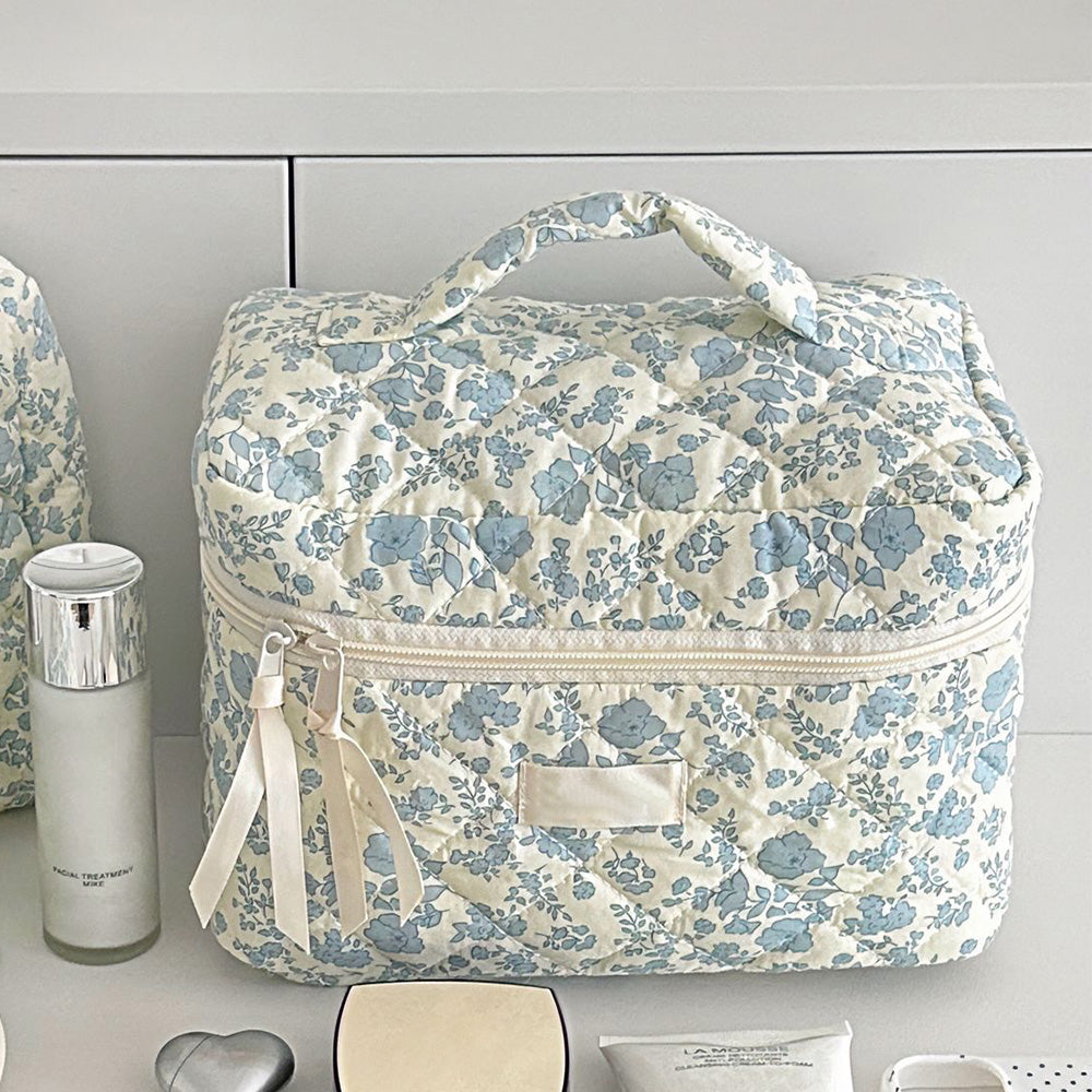 Portable Floral Pattern Cosmetic Bag Makeup and Toiletry Storage Organizer with Handle