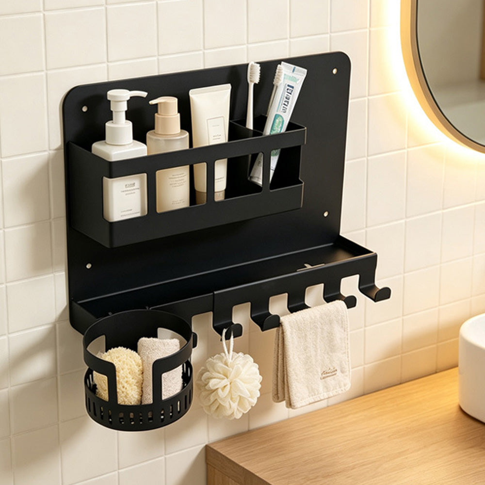Hanging Metal Bedside Wall Shelf with Cup Holder Hooks Wall Organizer for Bedroom Bathroom Kitchen
