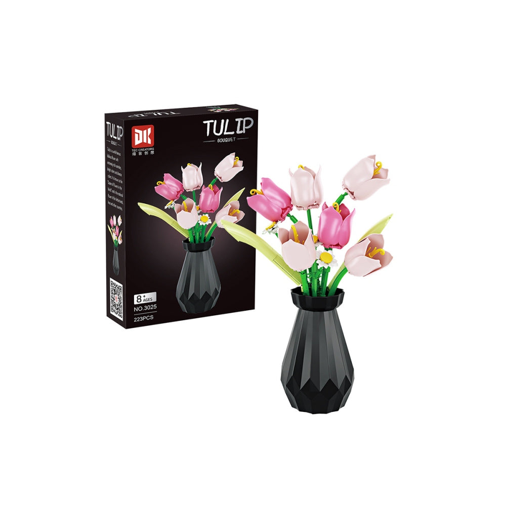 Tulip And Rose Building Blocks Set With Vase For Home Decoration