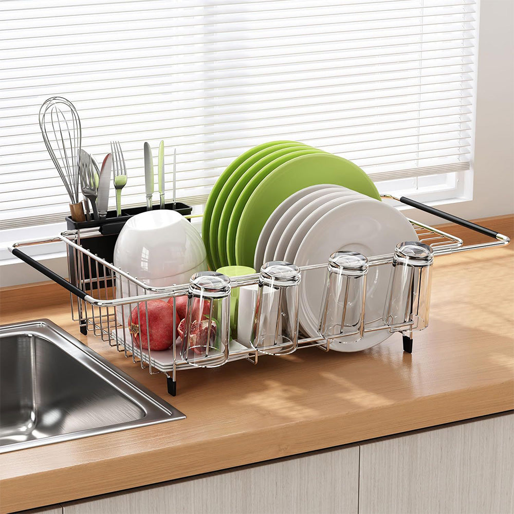 Expandable Stainless Steel Over Sink Dish Drying Rack with Utensil Holder