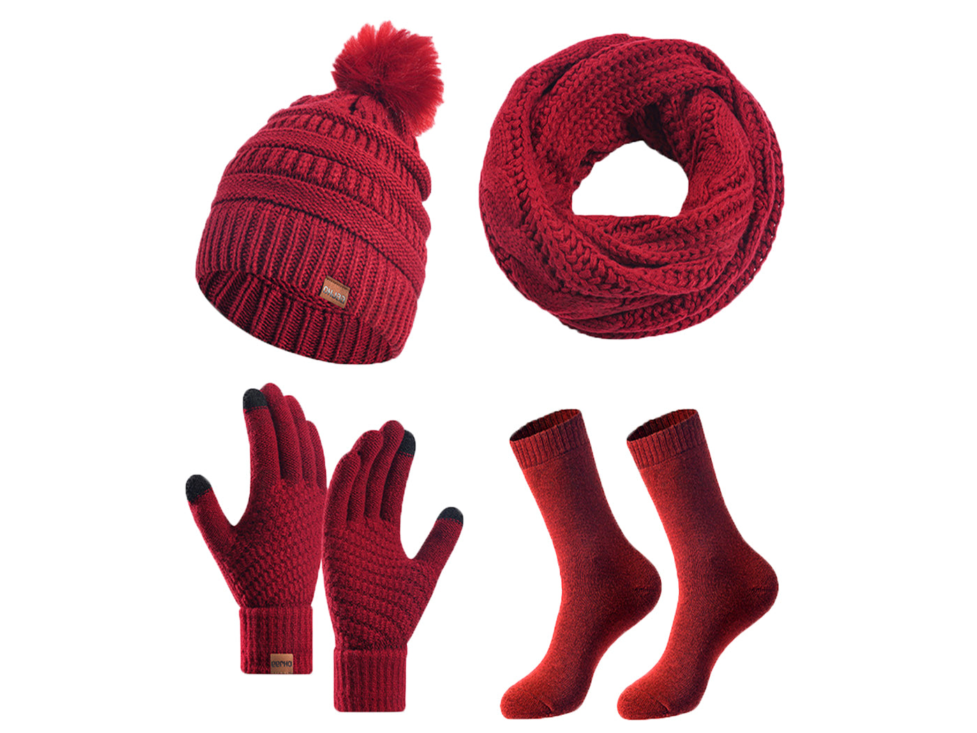 Winter Warm Knit Beanie Hat Scarf Touch Screen Gloves and Socks Set for Women