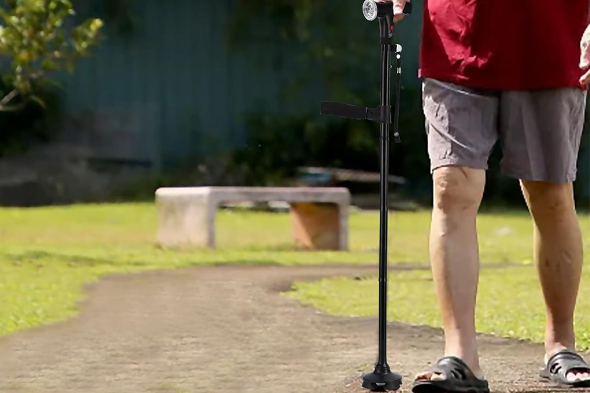 Walking Cane with LED Light Alarm Adjustable Dual Handles for Seniors and Adults