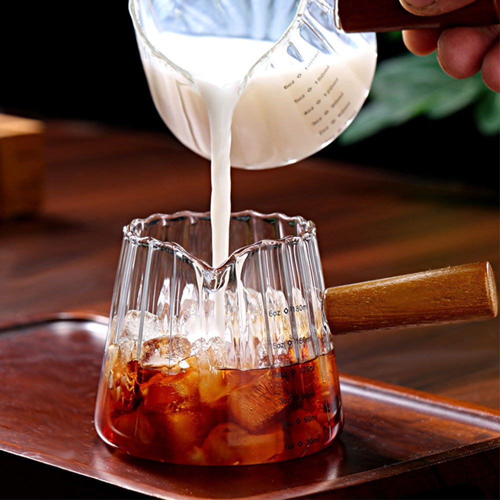 180ml Ribbed Glass Espresso Measuring Cup with Engineered Wood Handle