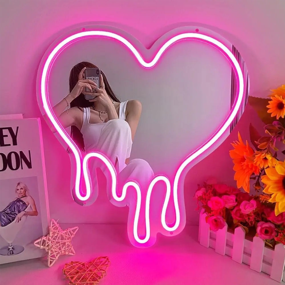 LED Heart Neon Mirror Dimmable Wedding Party Art Decor Night Light Mirror