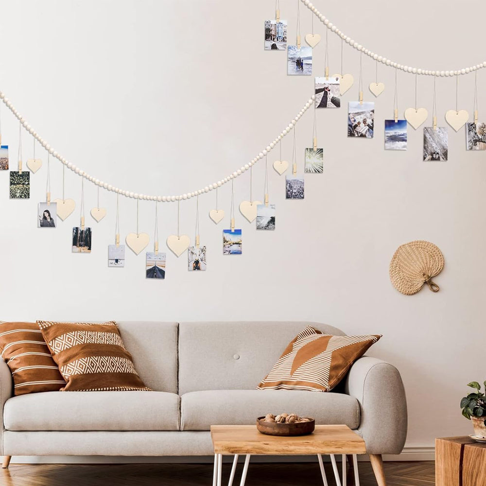 Wall Hanging Photo Display Wooden Beads Garland Photo Holders with 9 Wood Clips