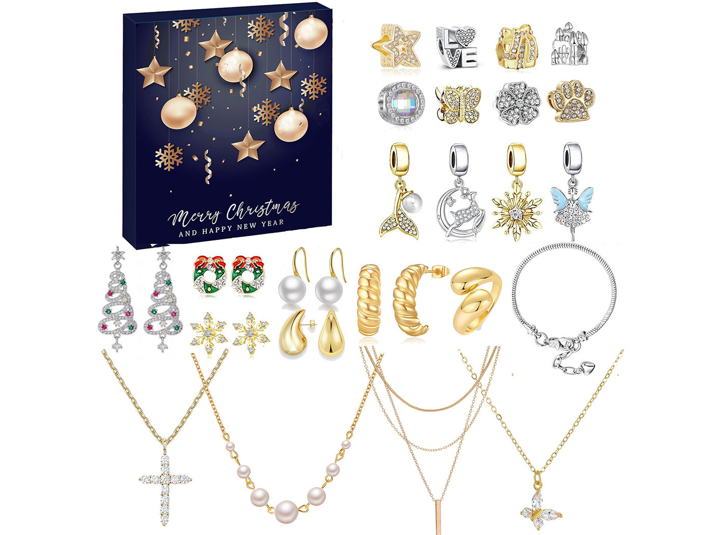 24 Days Countdown Jewelry Christmas Advent Calendar Bracelets Necklaces Earings Kit