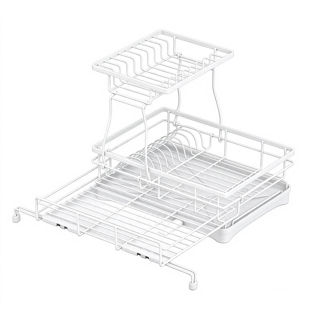 Expandable Carbon Steel Dish Drying Rack with Rotating Drain Spout-White