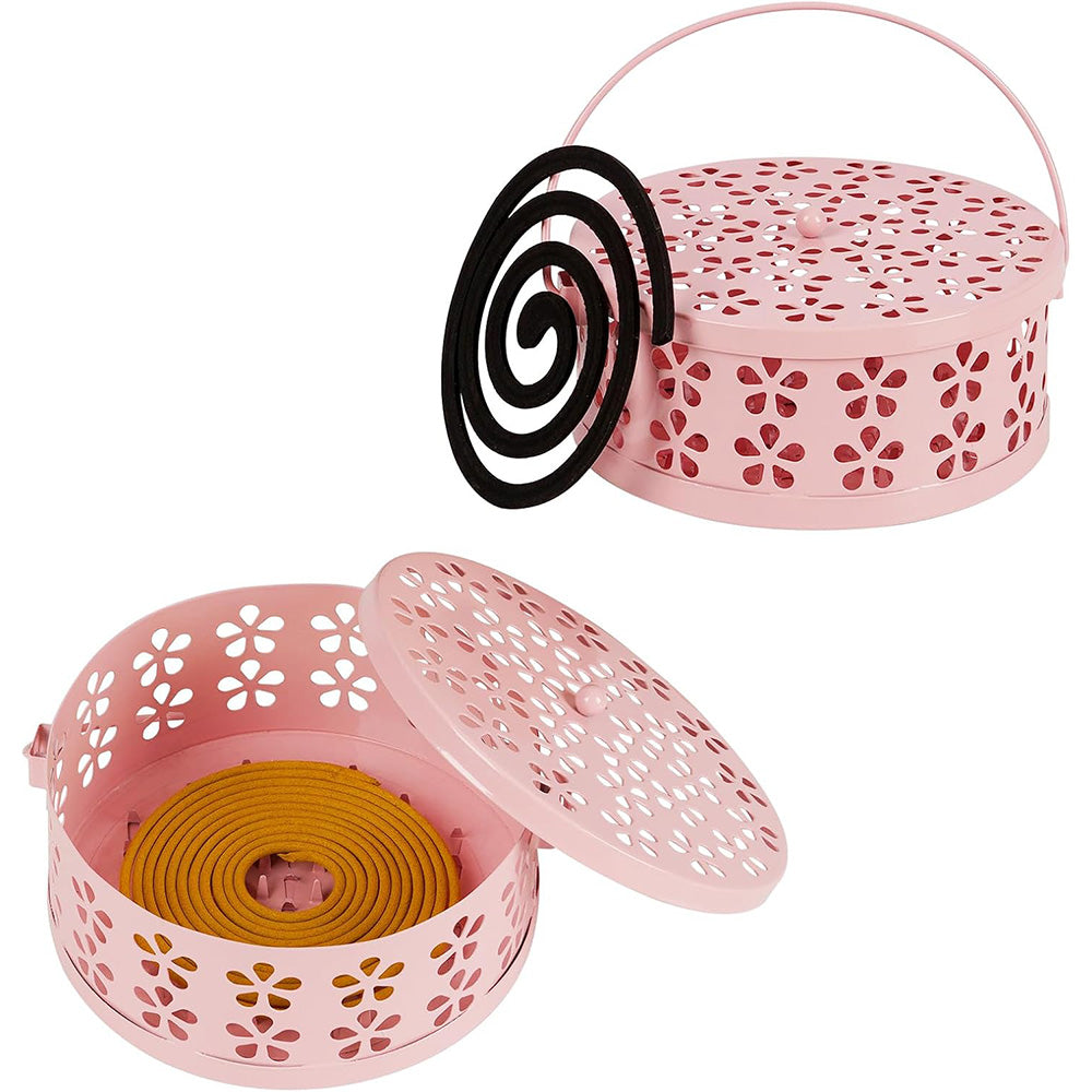 14cm Metal Mosquito Coil and Incense Holder with Lid Floral Cutout Design