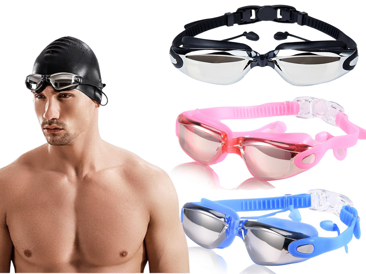 Electroplated Swimming Goggles with Case Anti-Fog UV-Blocking for Adults
