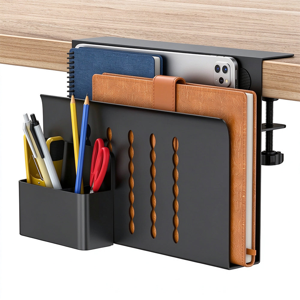 No Drill Dual Slot Carbon Steel Laptop Storage Stand with Pen Holder